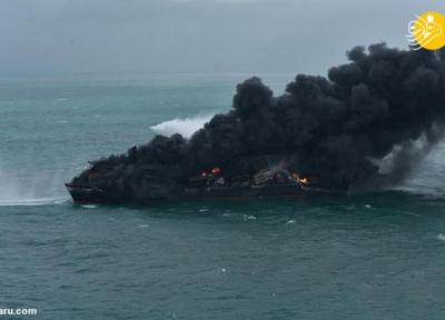 (تصاویر) آتش سوزی کشتی سنگاپوری در آب های سریلانکا